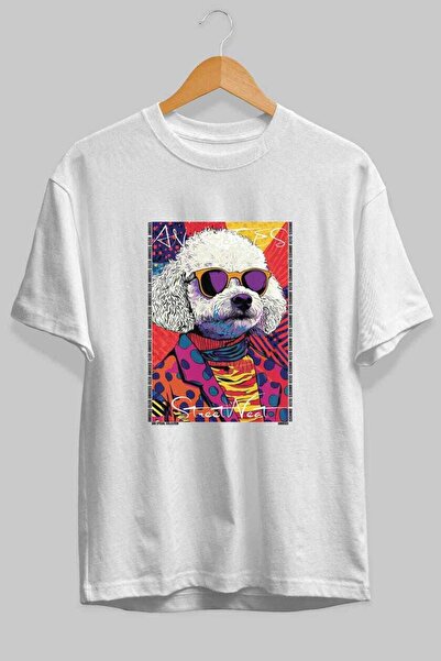 Ankhises For Dog Lovers 39 Front Dog Printed White Oversize T-Shirt 100% Cott...