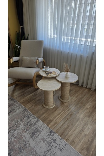 UĞURLU HOME Traverten Görünümlü Bohem Üçlü Ofis Zigon Sehpa Takımı