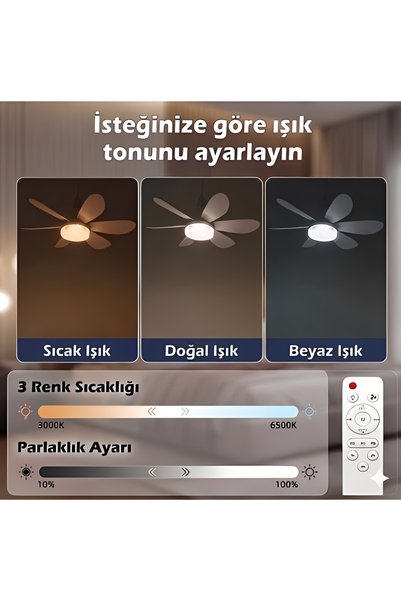 Genel Markalar 3 Renkli Kristal LED Lambalı Tavan Vantilatörü 6 Kanatlı Uzaktan Kumandalı Avize E27 Duylu Vantilatörlü Lamba
