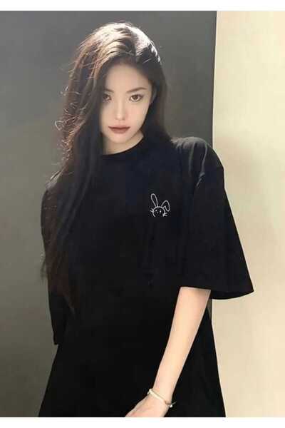 JENOLAN Tricou oversize casual Boyfriend cu imprimeu urechi de iepure