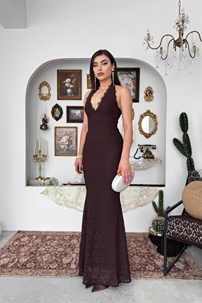 Caddebostan Moda Lace Detailed Backless Strap Evening Dress Midi Dress