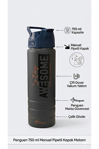 Lider MAGNESİA ÇELİK MATARA 750 ML ( 304) MANUEL PİPETLİ KAPAK PENGUEN