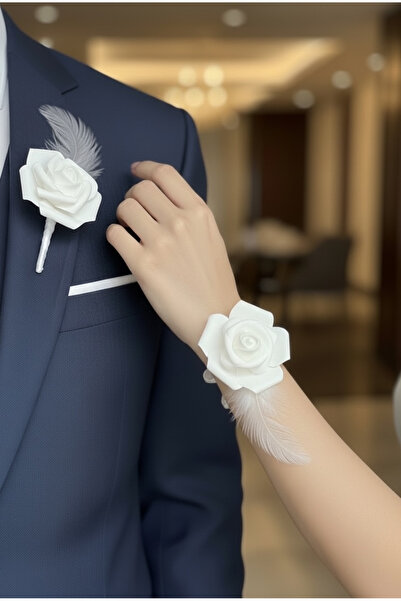 BTRENDY Damat Yaka Çiçeği Ve Gelin Bilekliği-Aksesuar Seti