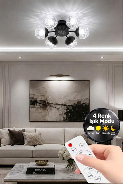 Lumia Lighting Küre Model Siyah 6"lı Ledli 3 Renk Modu Kristal Salon Mutfak Y...