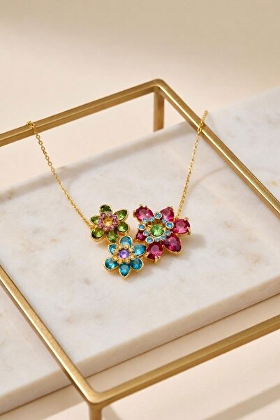 bacc Gold Multi-Flower Figured Crystal Stone Row Chain Necklace