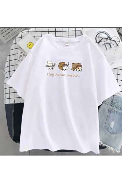 JENOLAN Tricou oversize casual Boyfriend cu imprimeu triplu de pisici