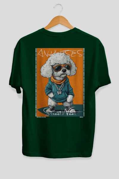 Ankhises For Dog Lovers 44 Green Oversize T-Shirt with Back Dog Print 100% Co...