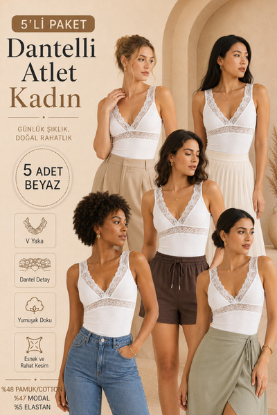 Loule Women's 5-Piece Lace Detailed V-Neck Cotton & Modal Stretchy Bustier Un...