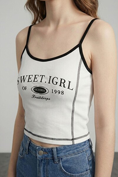 CKM MODA Gittle Print Detailed Tank Top Ecru