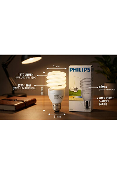 Philips 23W Twister Enerji Tasarruflu Ampul E27 Duy Sıcak Sarı Işık 1570 Lümen (110W Etkisi)