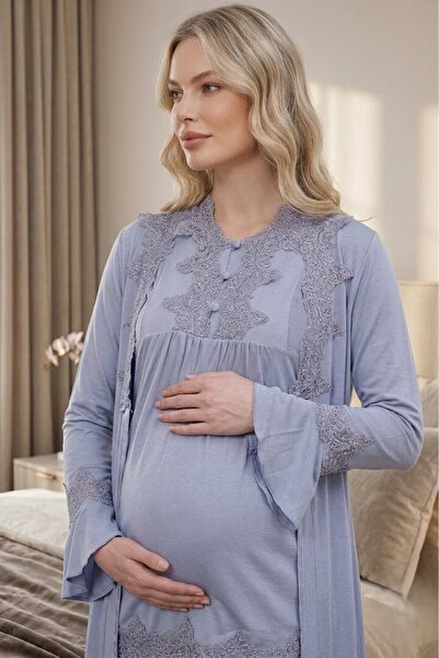 Pelin Women's Indigo Lace New Season Special Design Long Sleeve 3-Piece Mater...