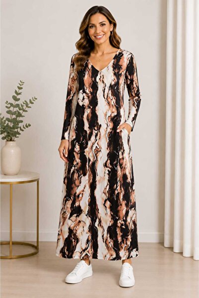 NO BRAND Rochie Maxi cu Mânecă Lungă și Imprimeu Marmorat, Mărimea XL