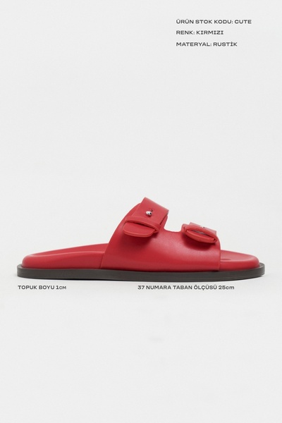 NİŞANTAŞI SHOES Cute Red Rustic Double-Strapped Flat Sole Women's Slippers