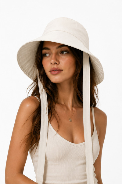 Bermody Women's Off-White Tie-Up Bucket Hat – Sun Protection Beach Hat, Fits over a Cap