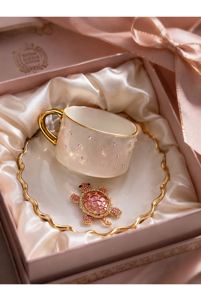 luxurychampagnetr Edora Casa Pink Stone Turtle Detailed Piremium Special Design Turkish Coffee Cup for 2 People