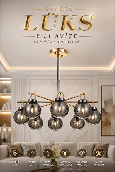 Elvora Home Modern (PREMİUM) Gold Siyah Füme Camlı 8'li Avize Salon Oturma Od...