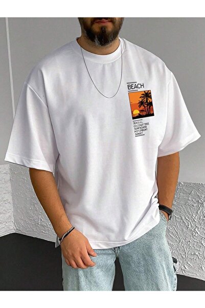 JENOLAN Slika sa plaže Štampano Oversize kroj Muški T-shirt Ležerni dečko