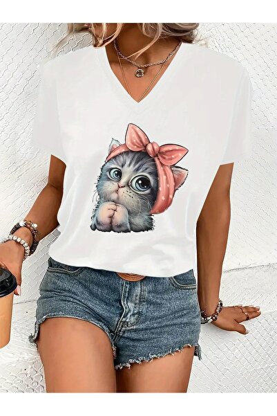 JENOLAN Women's V-Neck Cute Cat Printed T-Shirt Loose