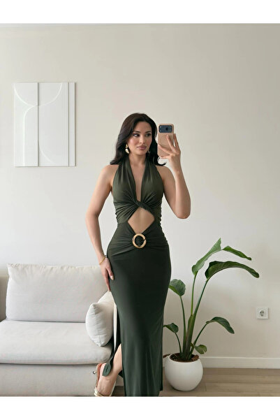 Zoom Butik Halter Göbek Pencere Aksesuar Elbise - HAKİ