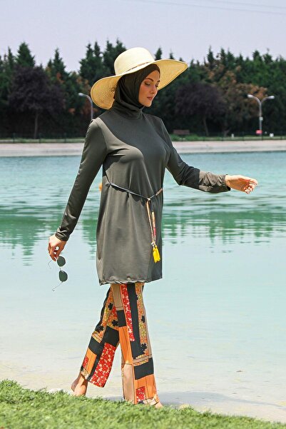 Marina Swimwear طقم ملابس سباحة إسلامية مغلقة بالكامل بلون كاكي مع رباط خصر 3...