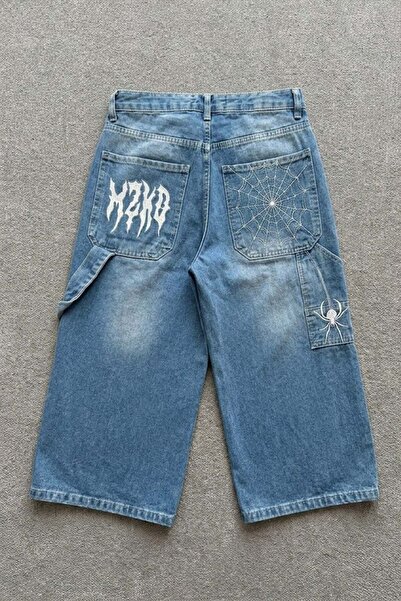 Köstebek Mavi Taşlamalı kırmızı Beyaz MZKD Spider Y2K Baggy Unisex Şortolon