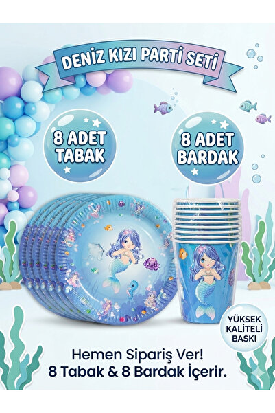 ÇAVUŞ E-TİCARET Deniz Kızı Temalı Doğum Günü Parti Seti Tabak-Bardak-8 Kişili...