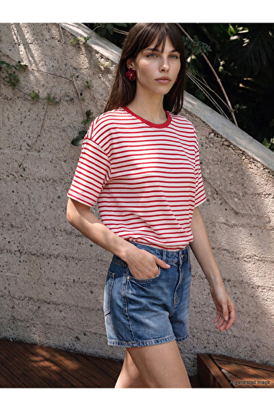 LC Waikiki Lcw Vision Red 100% Cotton Oversize Women's T-Shirt