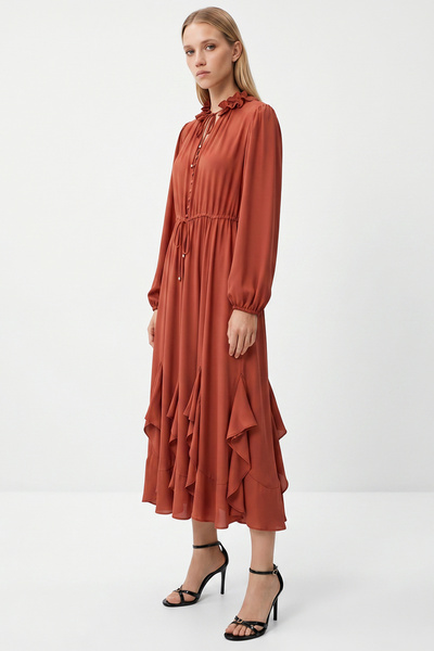 Exquise Long Sleeve Tie-Waist Skirted Regular Cinnamon Midi Dress