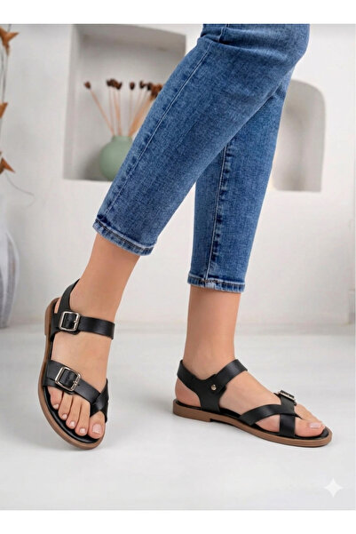 WEBORN Women's Black Flip-Flop Double Buckle Ankle Comfortable Sole Sandals