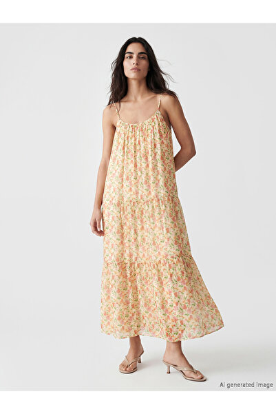 LC Waikiki Rmz Gi̇yi̇m Farkiyla U Roba Collar Floral Rope Strap Pleated Dress