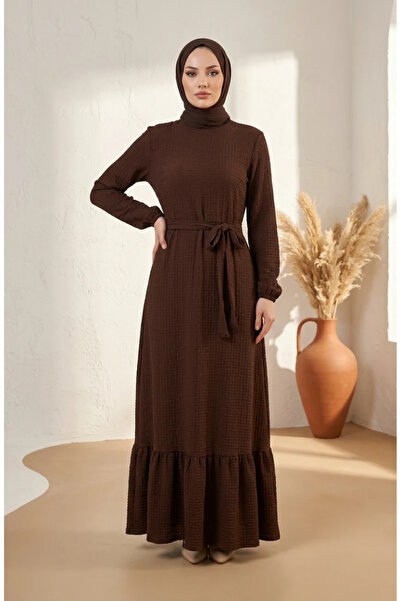 sefamerve Waffle Fabric Elastic Sleeves Hijab Dress 5588-02 Brown