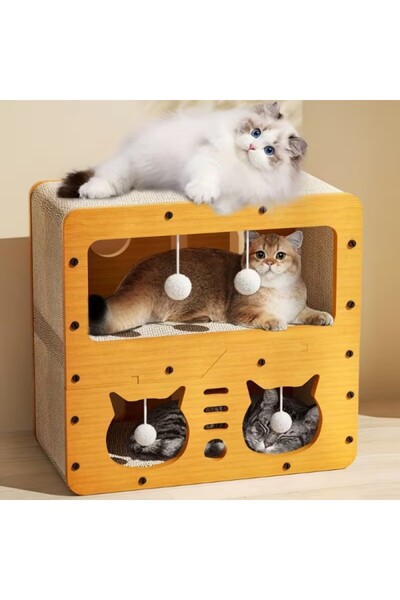 Veyron Home Ahşap Çift Katlı Tırmalamalı Kedi Evi ve Oyun Alanı 3 Girişli Pel...