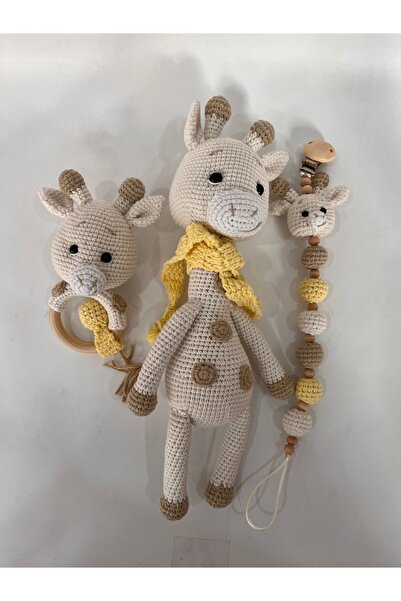 TOIVOS El Yapımı Amigurumi Zürafa Bebek Seti | Örgü Oyuncak + Emzik Klipsi + ...