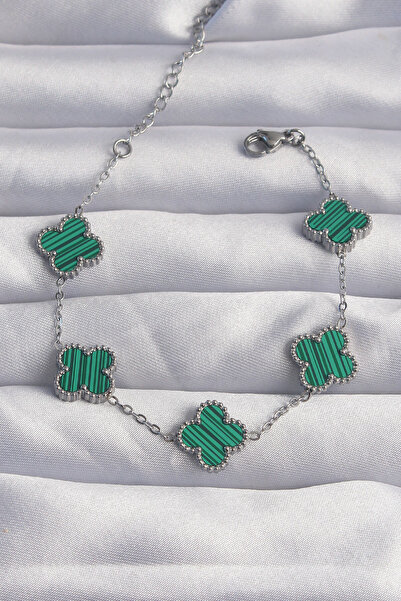 OGHAMAY 316L Steel Silver Color Striped Green Enamel Clover Bracelet