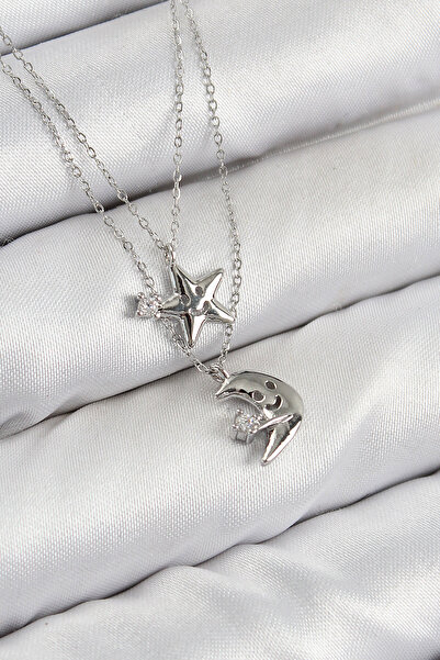 OGHAMAY Brass Zircon Stone Star and Moon Model Silver Color Women's Necklace