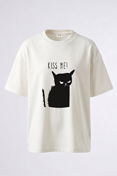 Anetos Grumpy Cat Design Back Printed Cotton White Oversize T-Shirt