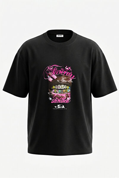 Anetos Tricou oversize negru din bumbac cu imprimeu pe spate Grillz Pink Nail...