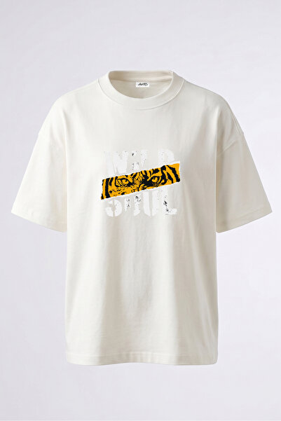 Anetos Tricou oversize alb din bumbac cu imprimeu pe spate, design Tiger Eyes