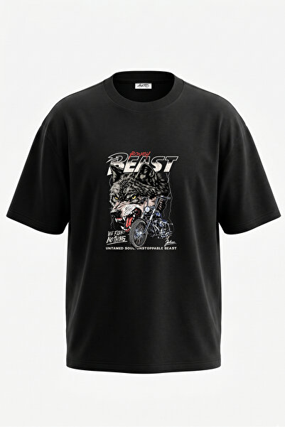 Anetos Tricou oversize negru din bumbac cu imprimeu pe spate Wolf Chopper Design