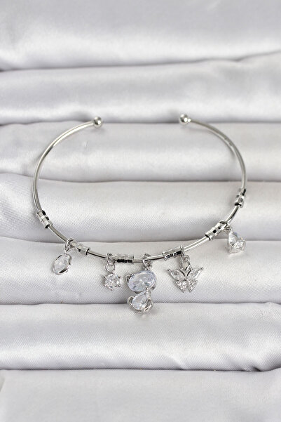 OGHAMAY Silver Color Brass Cat Detailed Charm Women's Bracelet