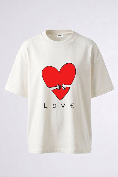 Anetos Tricou supradimensionat alb din bumbac cu imprimeu Love Heart Design p...
