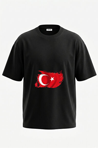 Anetos Tricou oversize negru din bumbac cu imprimeu pe spate cu design steag ...