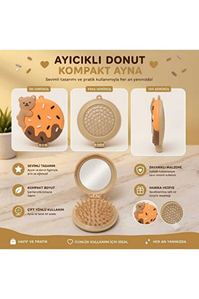 PeriMila Ayıcıklı Donut Tasarımlı Katlanabilir Aynalı Cep Tarağı Mini Saç Fır...