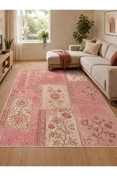 Liriya Dijital Kaymaz Yıkanabilir Patchwork Vintage Retro Salon Halısı Mutfak...
