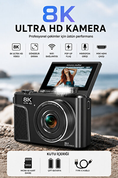 RoseandRoses UltraPix 8K HD Vlog Selfie Ekran Video Foto Kamera (Siyah)
