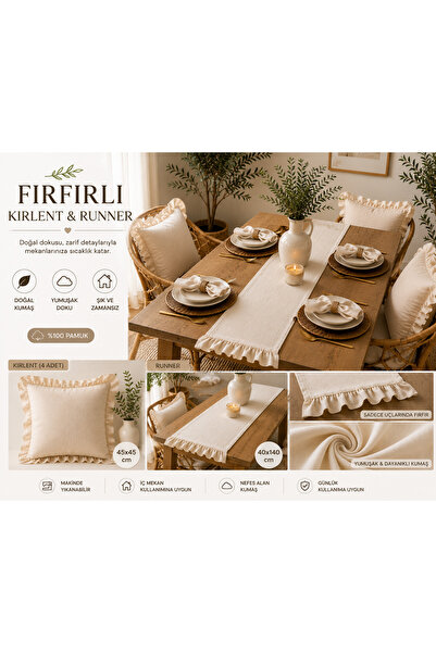 Sister Home Design Fırfırlı Kırlent Kılıfı 45x45 cm 4'lü Set ve Runner 40x140...