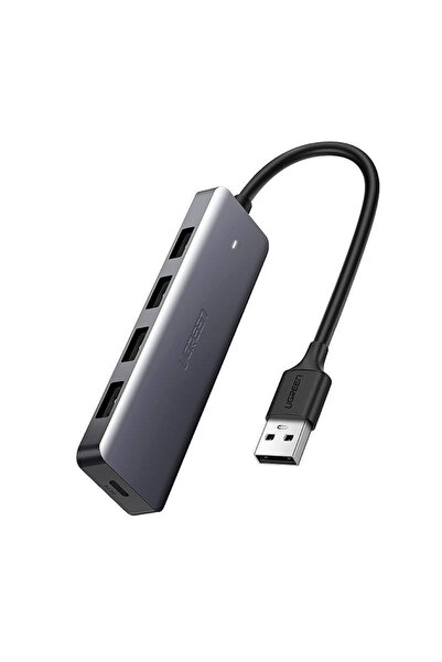 Ugreen USB-A хъб 5 в 1, 4x USB 3.2 Gen 1, MicroSD, Ултра тънък, Сив