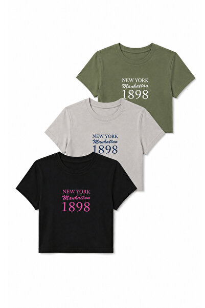 DI LORIA Women's Slim Fit New York Printed Crop T-Shirt Set (95% Cotton), (Gr...