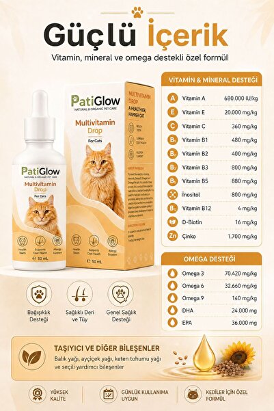 Pati Glow Kediler İçin Premium Multivitamin Damla Doğal İçerikli 50 ml