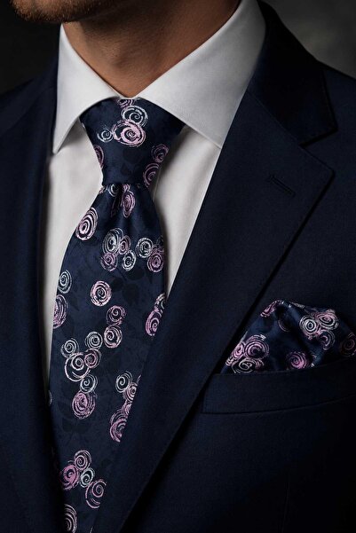 Kravatkolik Smoked Pink Floral Pattern Classic Tie with Handkerchief Kk13789